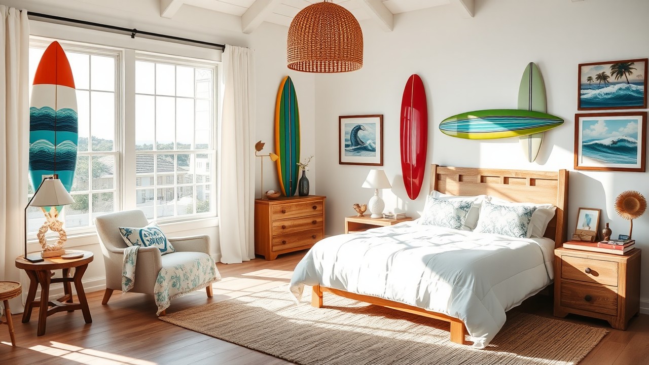 Beach House Bedroom with Surf-Themed Accessories