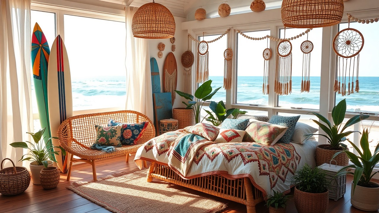 Boho Beach House Bedroom with Surf-Inspired Accents