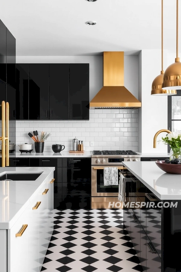 Black and White Studio Kitchen with Metallic Accents Black and White Studio Kitchen with Metallic Accents