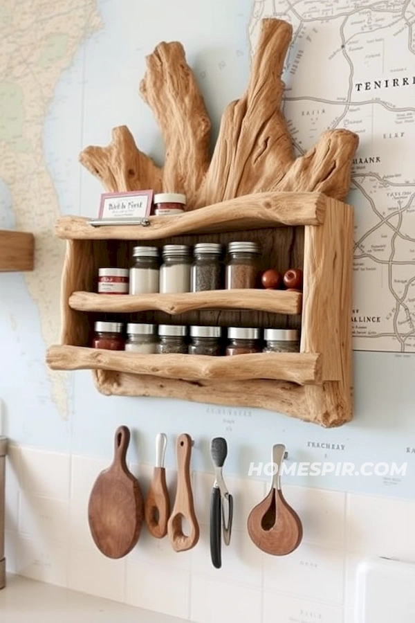 Carved Driftwood Spice Organizer on Nautical Map Carved Driftwood Spice Organizer on Nautical Map