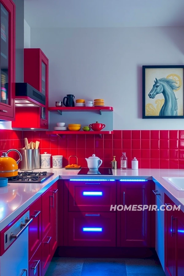 Classic Red Cabinets with Modern LED Effects Classic Red Cabinets with Modern LED Effects