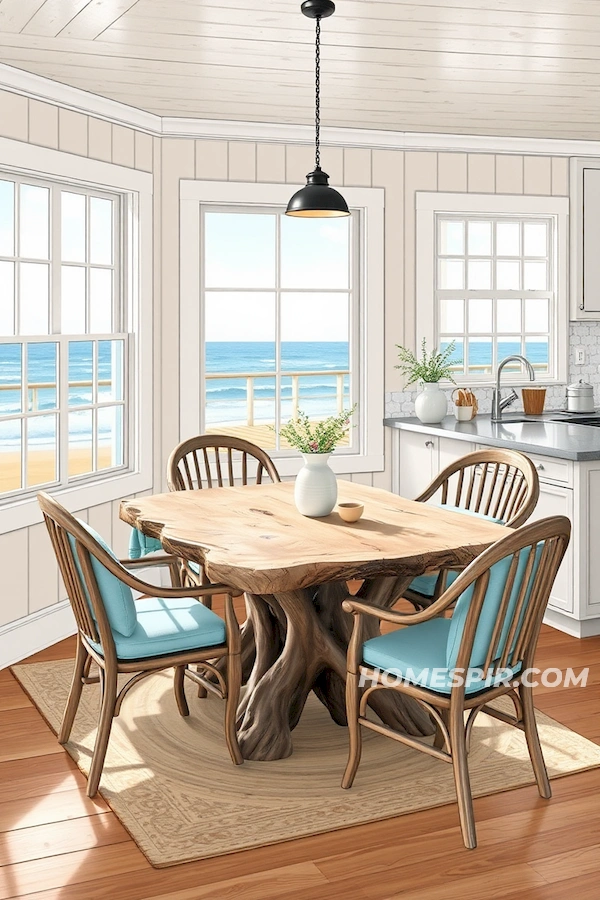 Coastal Dining Nook with Rustic Driftwood Table Coastal Dining Nook with Rustic Driftwood Table