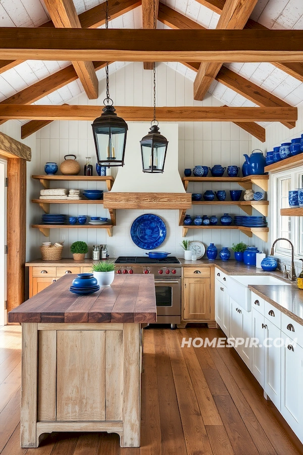 Cobalt Blue Pottery in Rustic Beach Kitchen Cobalt Blue Pottery in Rustic Beach Kitchen