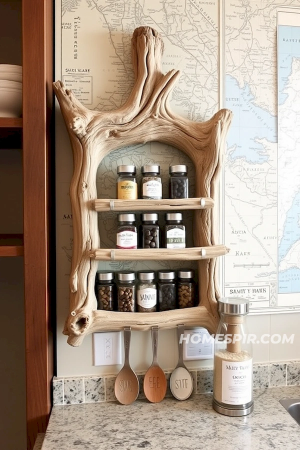 Driftwood Spice Storage on Coastal Map Wall Driftwood Spice Storage on Coastal Map Wall