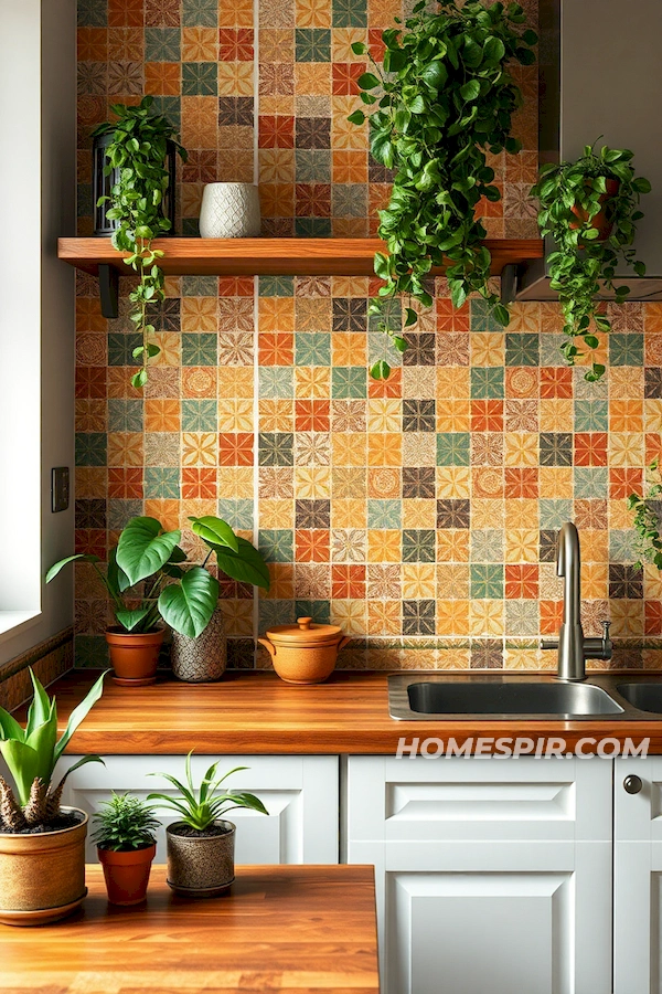 Earthy Toned Mosaic Tiles in Boho Kitchen Splashback Earthy Toned Mosaic Tiles in Boho Kitchen Splashback