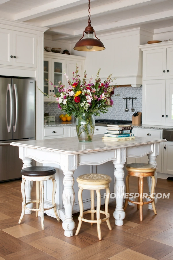 Eclectic Stools and Antique Island in Shabby Chic Kitchen Eclectic Stools and Antique Island in Shabby Chic Kitchen