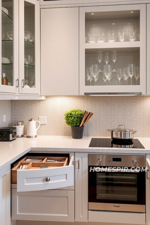 Elegant Glassware in Overhead Cabinets Elegant Glassware in Overhead Cabinets