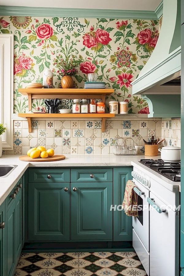 Floral Wallpaper with Retro Tiles Floral Wallpaper with Retro Tiles