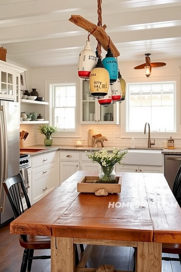 Inviting Buoy Pendants Over Driftwood Dining Table Inviting Buoy Pendants Over Driftwood Dining Table