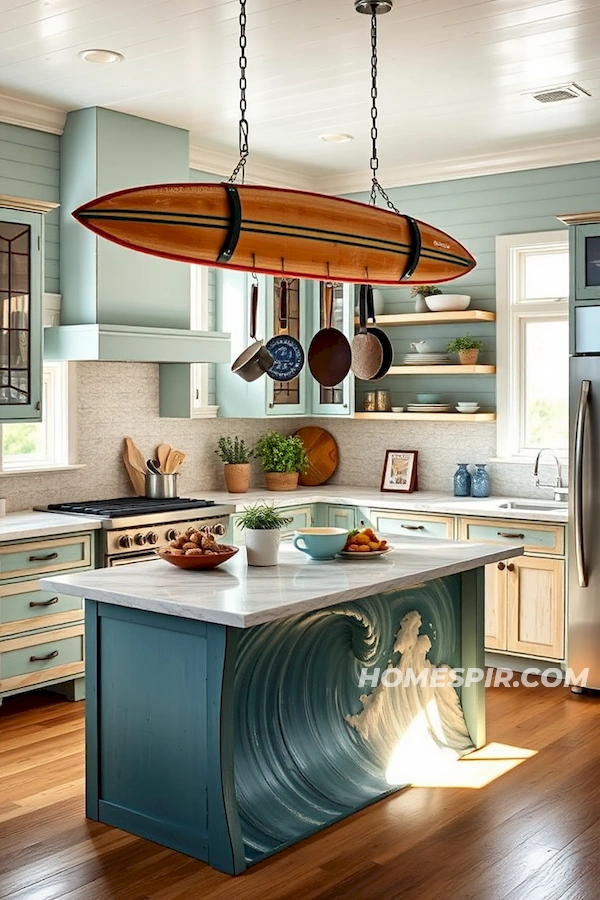 Large Surfboard Pot Rack in Stylish Kitchen Large Surfboard Pot Rack in Stylish Kitchen