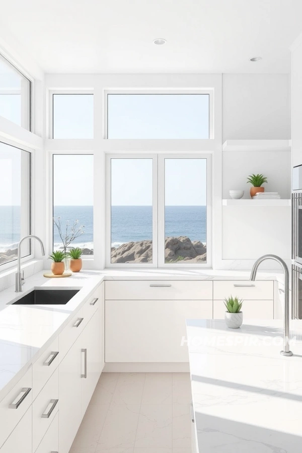 Minimalist Kitchen with Ocean View Windows Minimalist Kitchen with Ocean View Windows