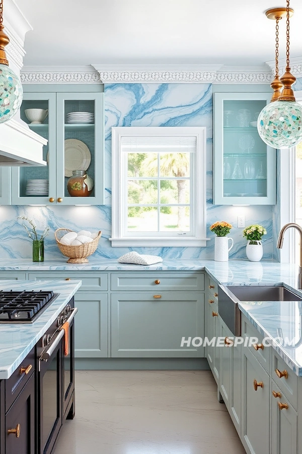 Ocean Wave Marble and Seashell Trim in Kitchen Ocean Wave Marble and Seashell Trim in Kitchen