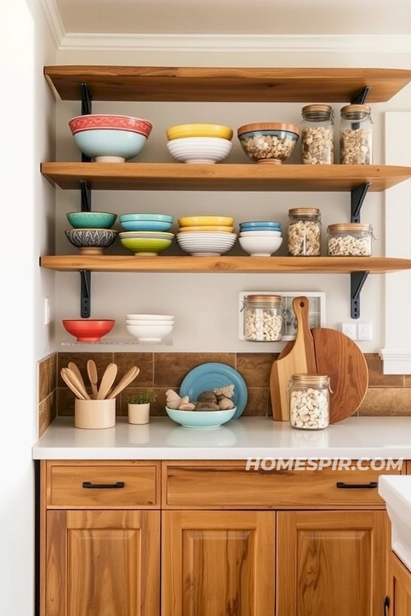 Open Shelving with Surf Elements in Beach Kitchen Open Shelving with Surf Elements in Beach Kitchen