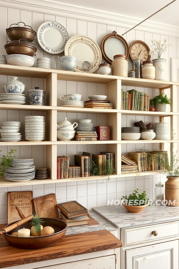 Open Shelving with Vintage Finds in Shabby Chic Kitchen Open Shelving with Vintage Finds in Shabby Chic Kitchen