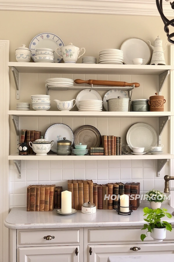 Porcelain and Metal Tins in Shabby Chic Display Porcelain and Metal Tins in Shabby Chic Display