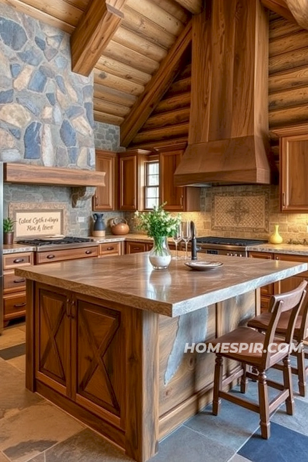 Reclaimed Wood and Stone Merge in Log Kitchen Reclaimed Wood and Stone Merge in Log Kitchen