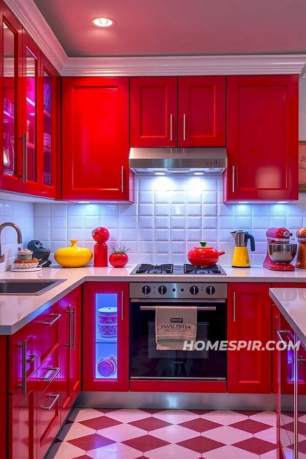 Red Cabinets and Modern Art in Vibrant Kitchen Red Cabinets and Modern Art in Vibrant Kitchen