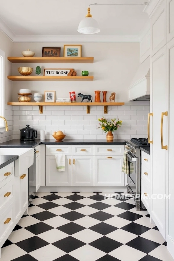 Retro Trinkets on Open Kitchen Shelves Retro Trinkets on Open Kitchen Shelves