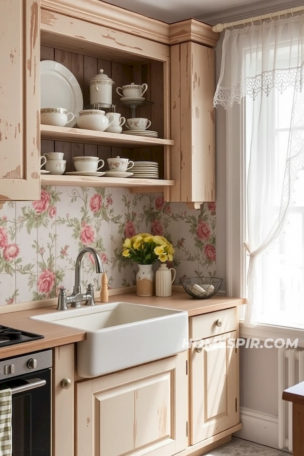Rustic Kitchen with Pastel Farmhouse Sink and Floral Accents Rustic Kitchen with Pastel Farmhouse Sink and Floral Accents