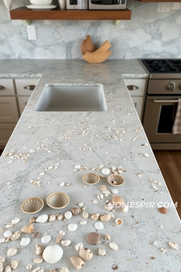 Shell-Embedded Stone Counter with Driftwood Shell-Embedded Stone Counter with Driftwood