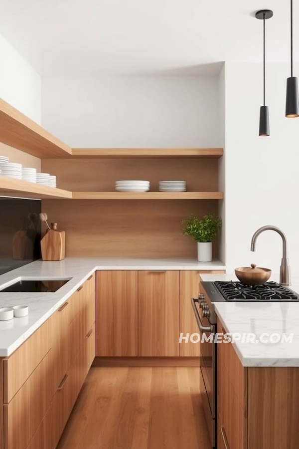 Smooth Wood Shelves in Modern Minimalist Kitchen Smooth Wood Shelves in Modern Minimalist Kitchen