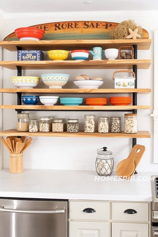 Surfboard Shelf Pantry with Coastal Jar Decor Surfboard Shelf Pantry with Coastal Jar Decor