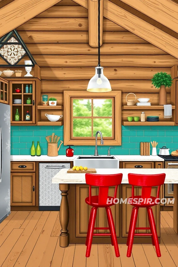 Teal and Red Accents in Log Kitchen Teal and Red Accents in Log Kitchen