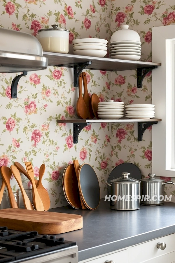 Vintage Floral Wallpaper in Serene Steel Kitchen Vintage Floral Wallpaper in Serene Steel Kitchen