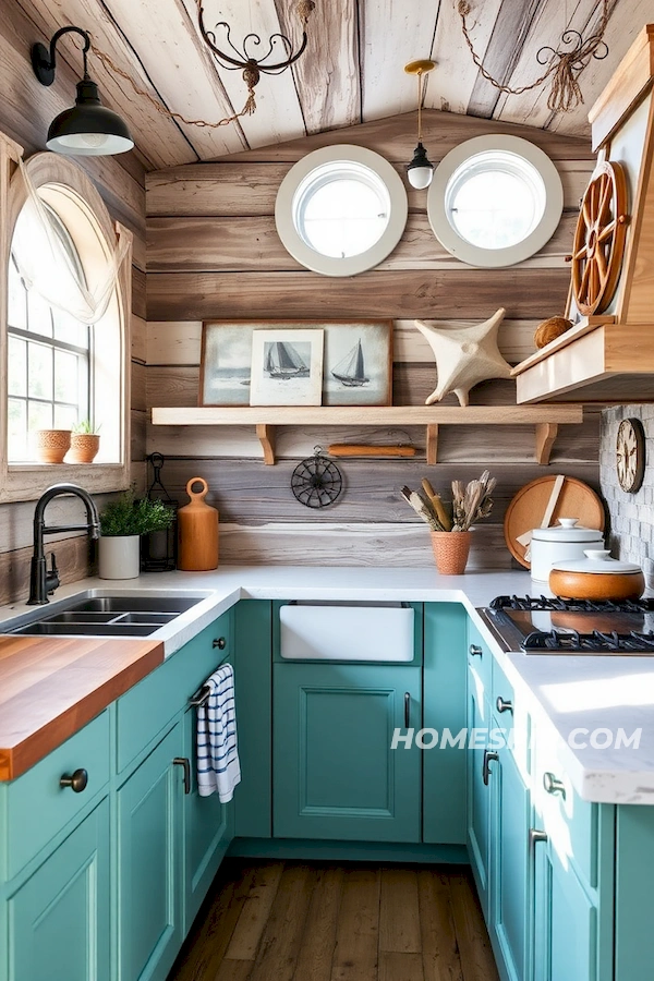Vintage Ship Wheels in Cozy Nautical Kitchen Vintage Ship Wheels in Cozy Nautical Kitchen