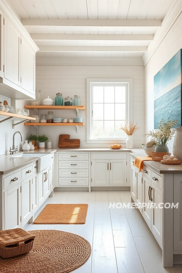 Whitewashed Cabinets and Seascape Accents Whitewashed Cabinets and Seascape Accents