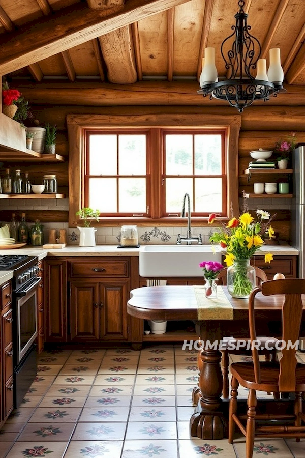 Wildflower Motifs in Whimsical Log Home Kitchen Wildflower Motifs in Whimsical Log Home Kitchen