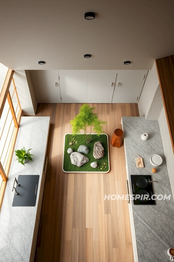 Zen Central Design in Japanese Kitchen Aerial View Zen Central Design in Japanese Kitchen Aerial View