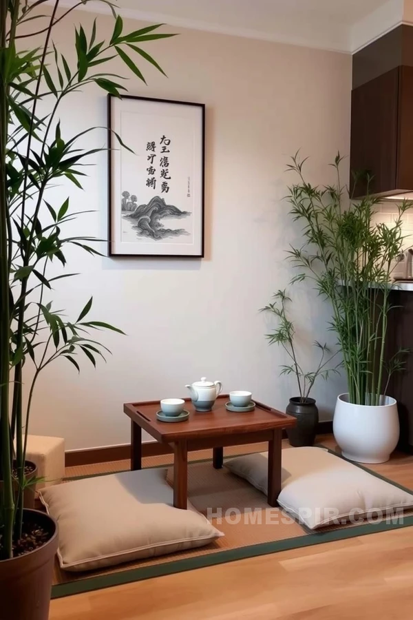 Cozy Wooden Tea Set Area with Asian Charm Cozy Wooden Tea Set Area with Asian Charm