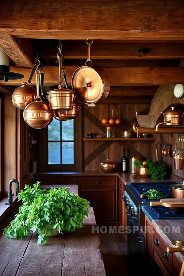 Warm Copper Pots Illuminate Rustic Kitchen Decor Warm Copper Pots Illuminate Rustic Kitchen Decor
