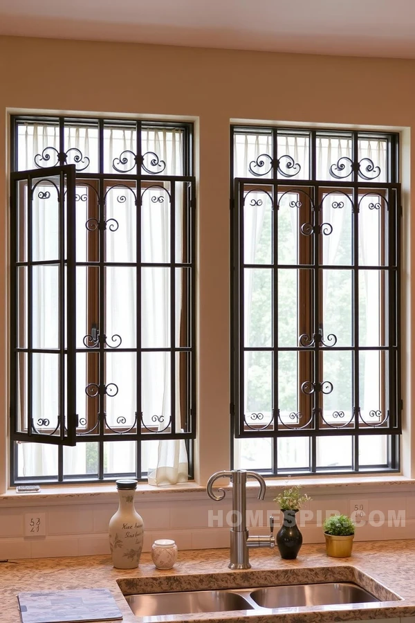 Wrought Iron Accents in Farmhouse Windows Wrought Iron Accents in Farmhouse Windows