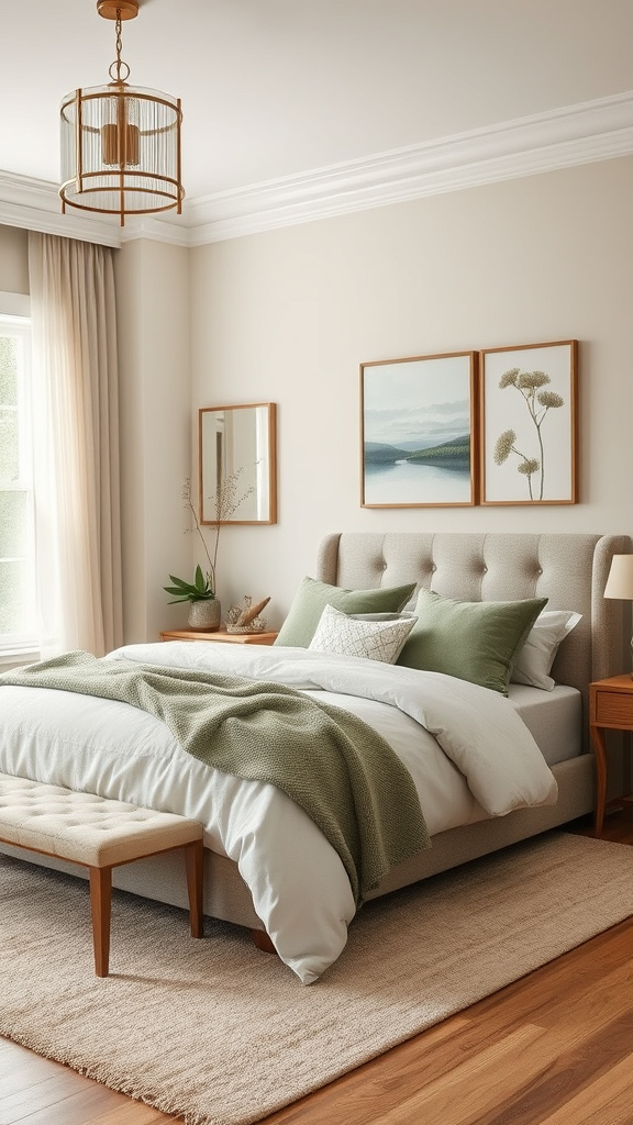 23. Cozy Retreat: Neutral Tones and Green Serenity