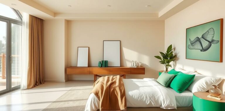 27 Bold Beige Bedroom Green Accents for a Pop of Color