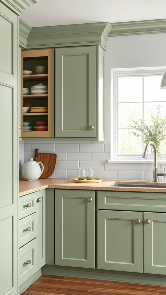 1. Sage Green Shaker Cabinets
