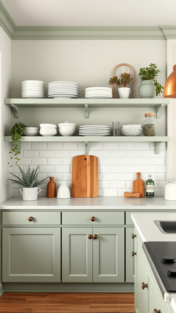 13. Sage Green Open Shelving